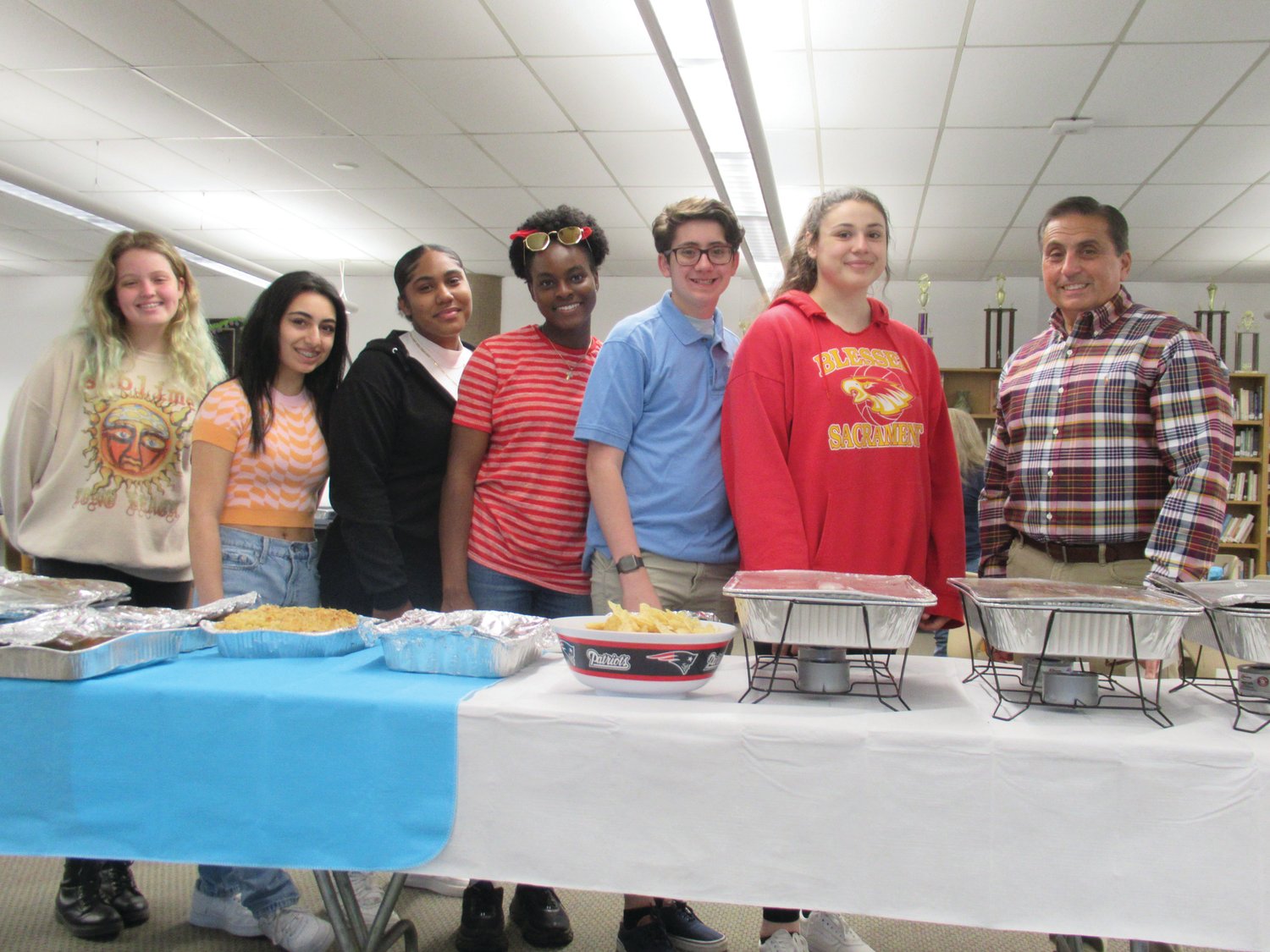 PROUD PANTHERS: Among those Student Council members who helped make JHS’ Teacher Appreciation Week super special are, from left; Trinity Blondin, Alessandra Pesare, Raylin Santos, Josephine Olagundoye, Charles Curci, Tala Laflamme and Advisor/Organizer Greg Russo.